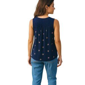 NEW La Vie Rebecca Taylor Navy Blue Sleeveless Floral Embroidered Blouse Size S